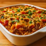 Unstuffed Pepper Casserole in white baking dish with melted cheese