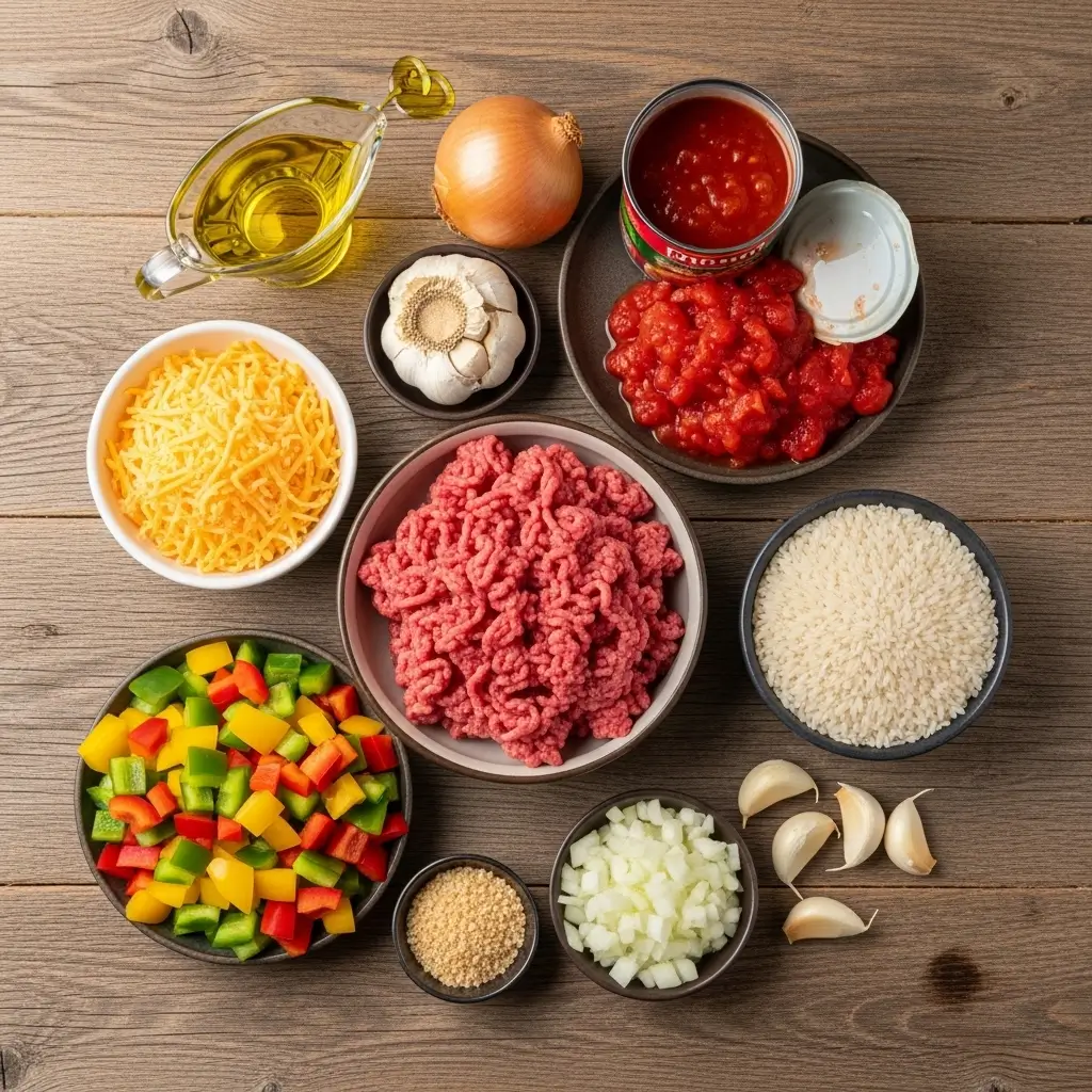 Ingredients for Unstuffed Pepper Casserole laid out on a table