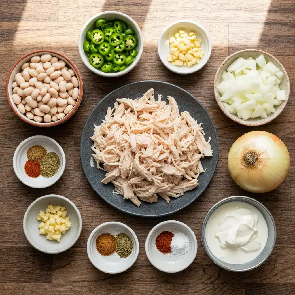 Ingredients for White Chicken Chili on wooden surface