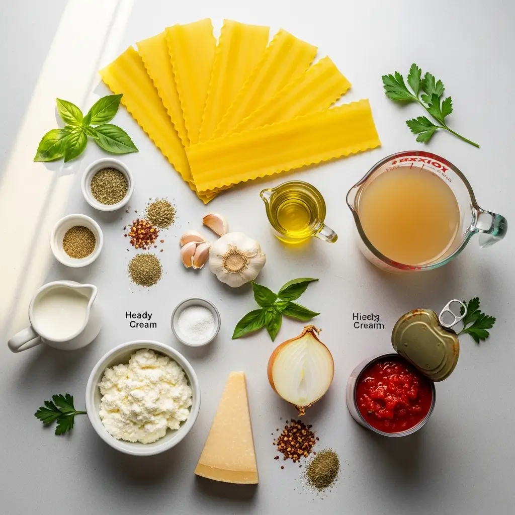 Ingredients for homemade white chicken lasagna soup