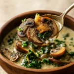 Wild Mushroom Caramelized Onion and Kale Soup in bowl