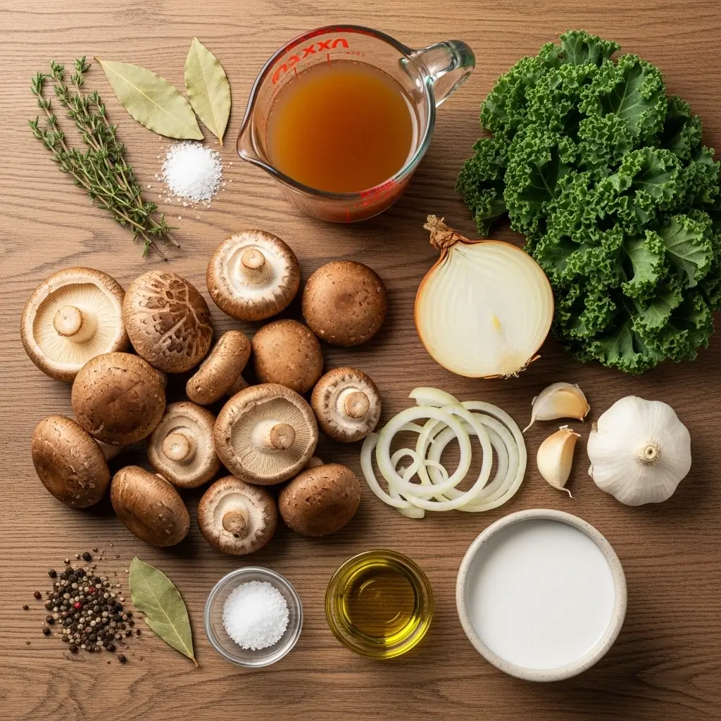 Ingredients for Wild Mushroom Caramelized Onion and Kale Soup