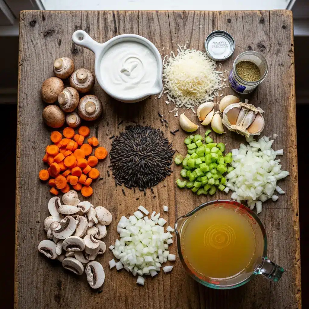 Wild rice and mushroom soup ingredients laid out on wooden counter