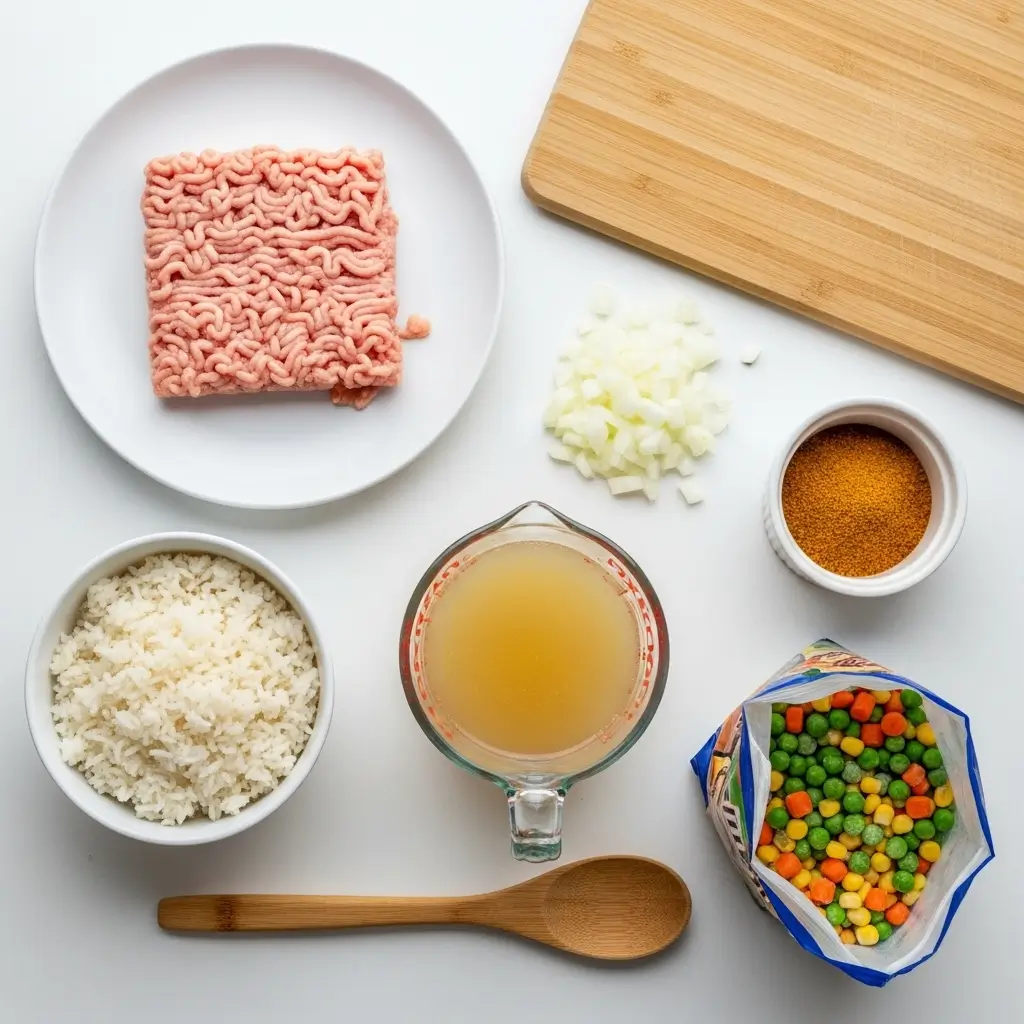 Ingredients for 35-Minute Ground Chicken and Rice with Veggies