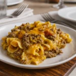 Amish Country Casserole hot and fresh on a rustic table