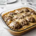 Amish Hamburger Steak Bake in creamy mushroom sauce