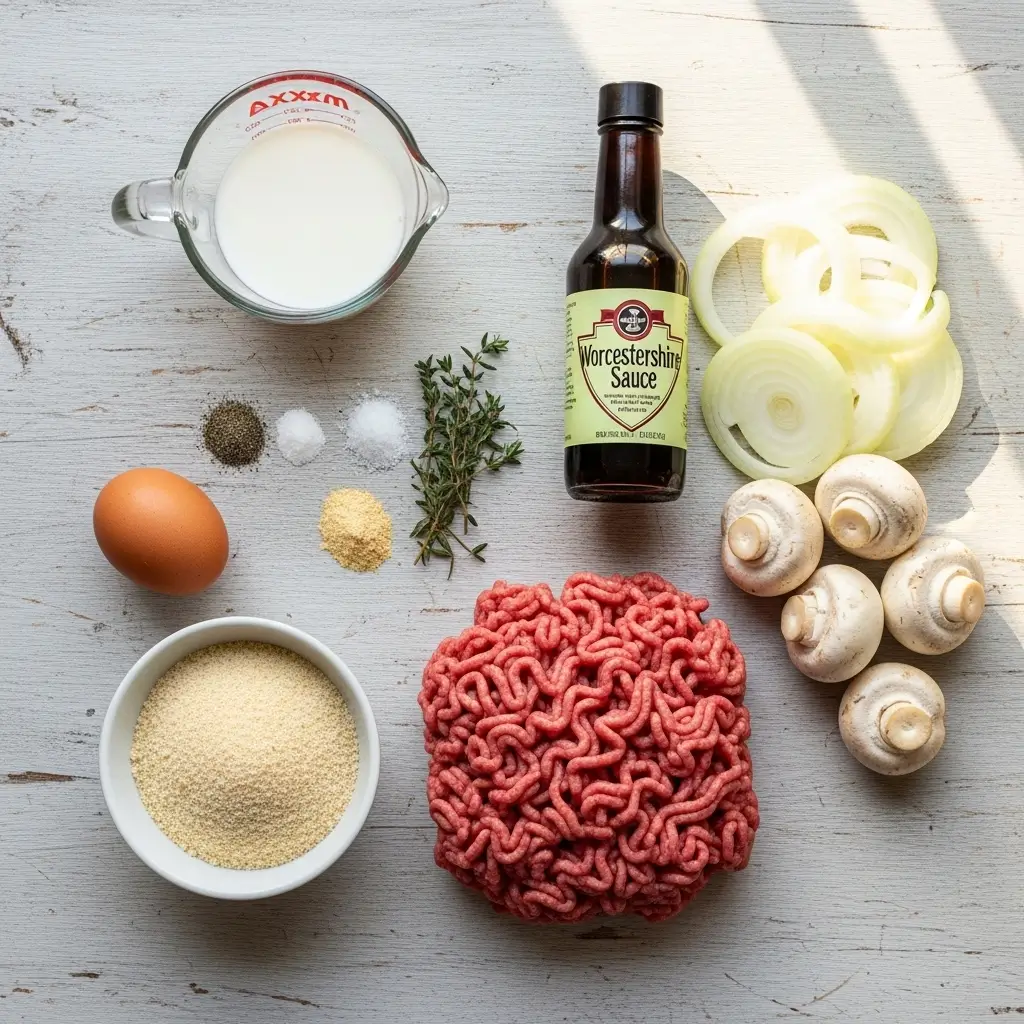 Amish Hamburger Steak Bake ingredients laid out on table