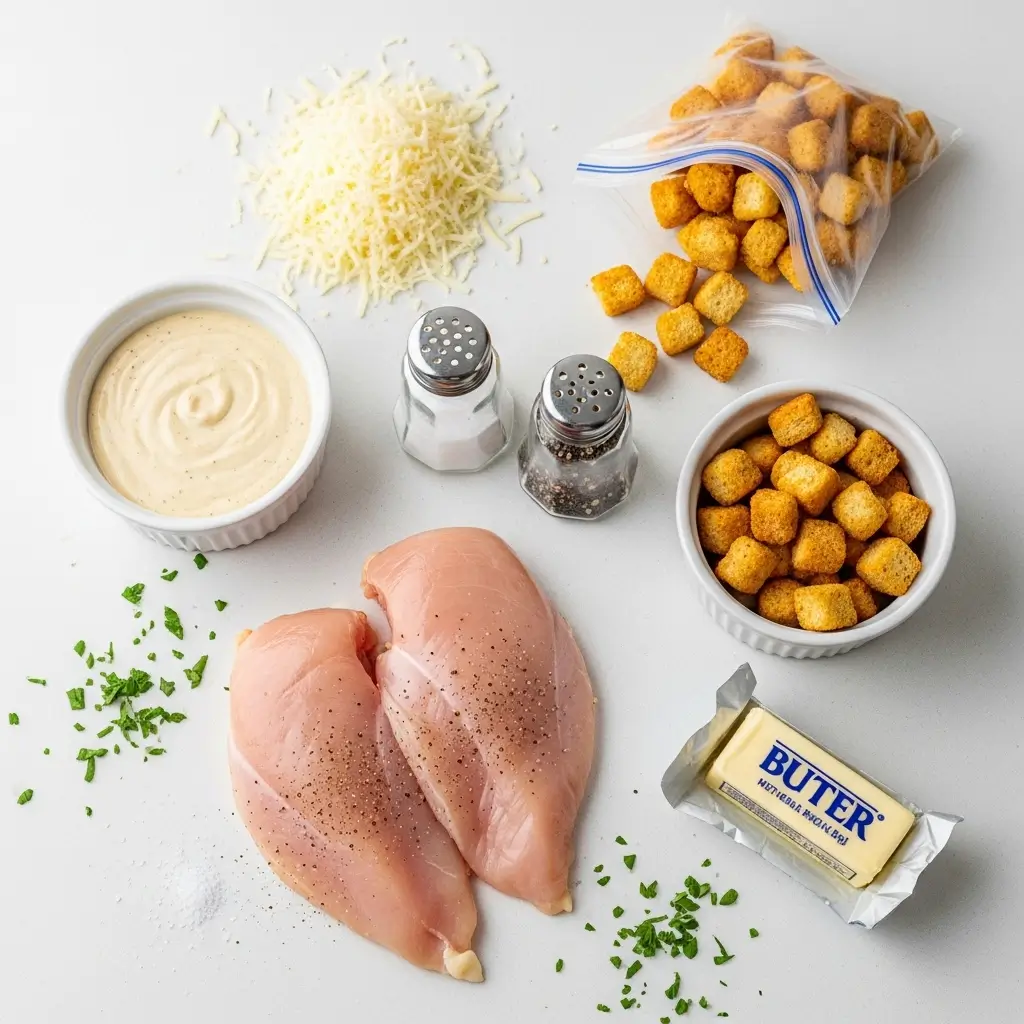 Ingredients for Baked Caesar Chicken laid out on kitchen counter