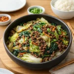 Beef and Cabbage Stir-Fry served over jasmine rice