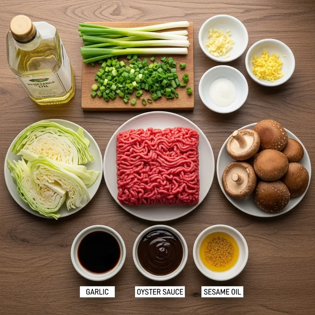 Ingredients for Beef and Cabbage Stir-Fry on a kitchen counter