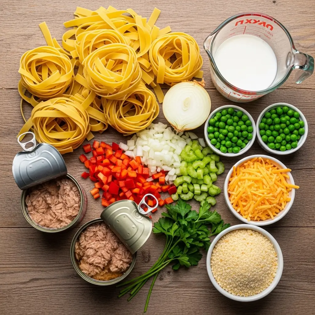 Ingredients for Best Tuna Casserole laid out on table