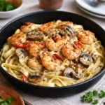 Blackened Shrimp Stroganoff in a white bowl with fettuccini