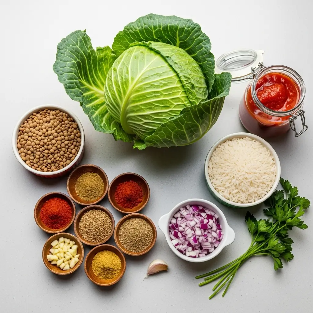 Ingredients for cabbage rolls with lentils and rice
