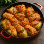 Cabbage rolls with lentils and rice in tomato sauce