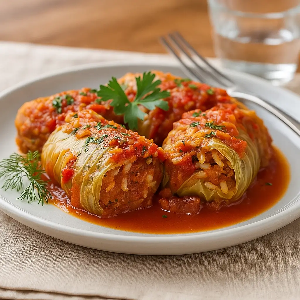 Cabbage rolls with lentils and rice in tomato sauce