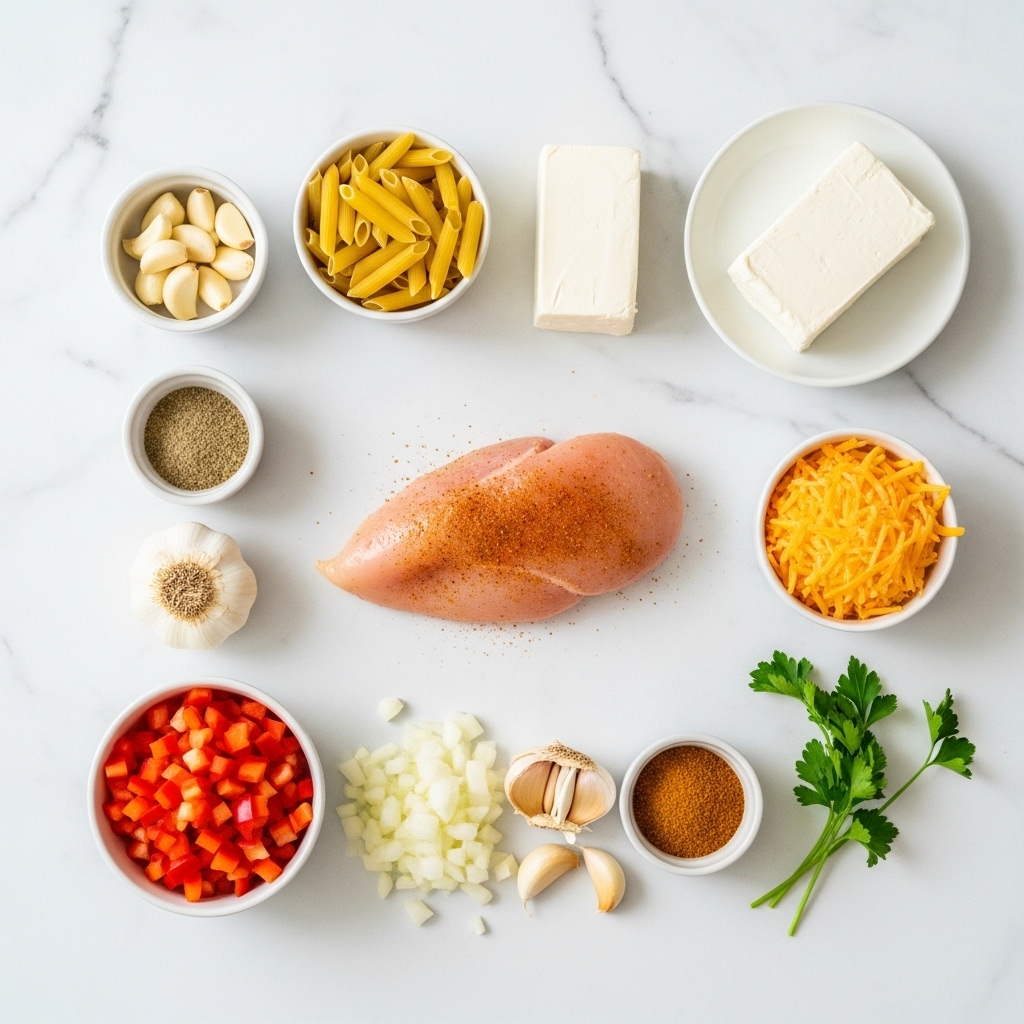Ingredients for Cajun Cream Cheese Chicken Pasta Bake