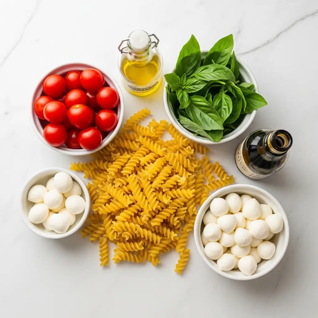 Ingredients for Caprese Pasta Salad with Balsamic Glaze