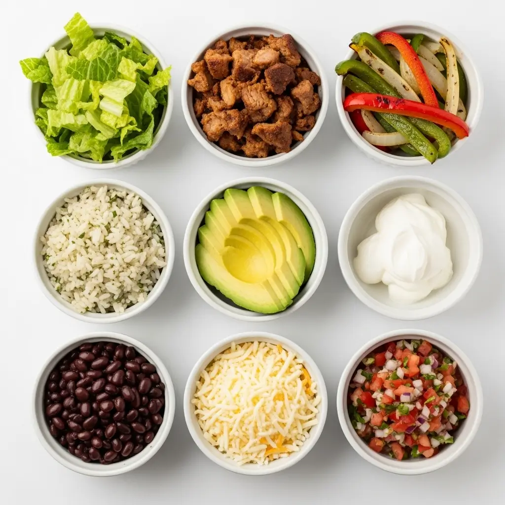 ingredients for carnitas burrito bowls arranged in bowls