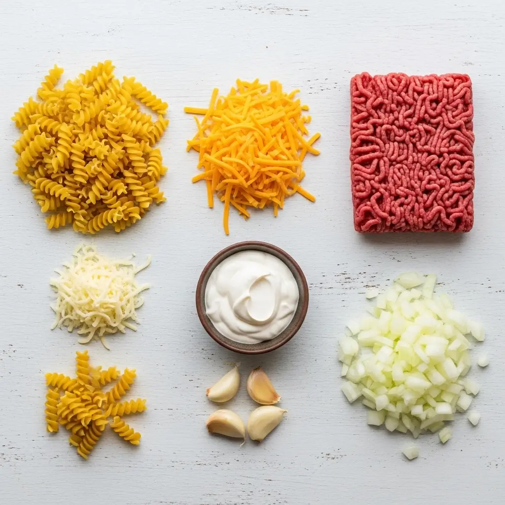 Ingredients for Loaded Cheddar Ranch Rotini Bake