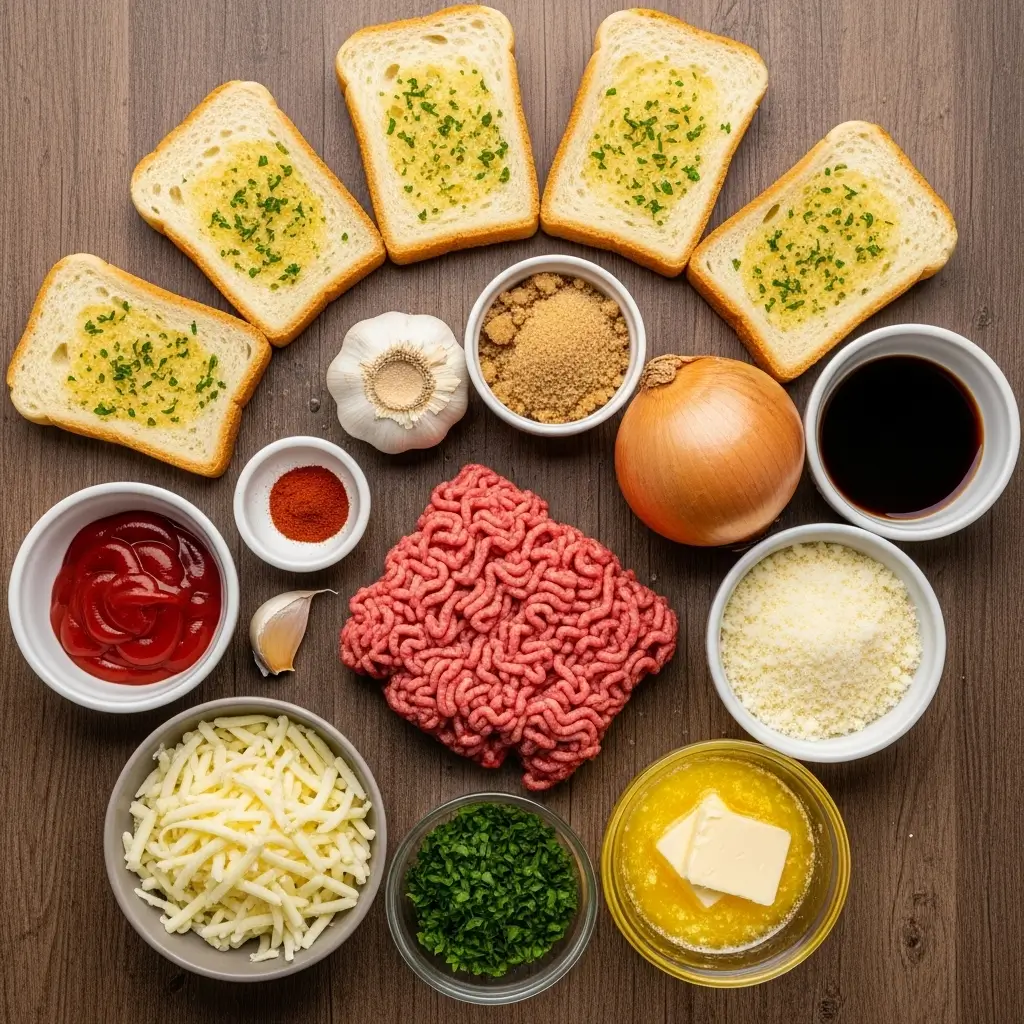ingredients for homemade cheesy garlic bread sloppy joe