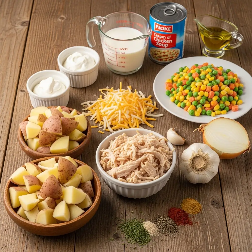 Chicken and Potato Casserole ingredients laid out