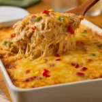 Chicken Fajita Casserole baked in a dish with melted cheese