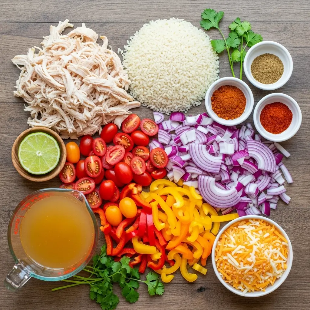 Ingredients for Chicken Fajita Casserole recipe laid out