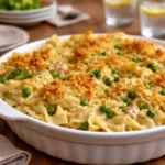 Chicken noodle casserole in a baking dish