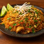 Chicken Pad Thai with noodles, chicken, lime, and peanuts