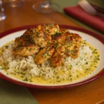 Chicken Scampi with Creamy Garlic Parmesan Rice in skillet