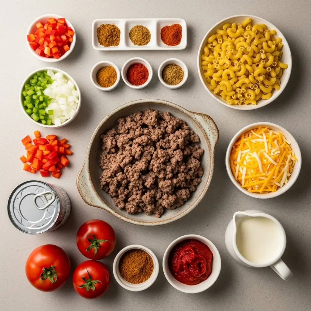 chili mac recipe ingredients laid out