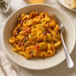 chili mac casserole with cheese topping