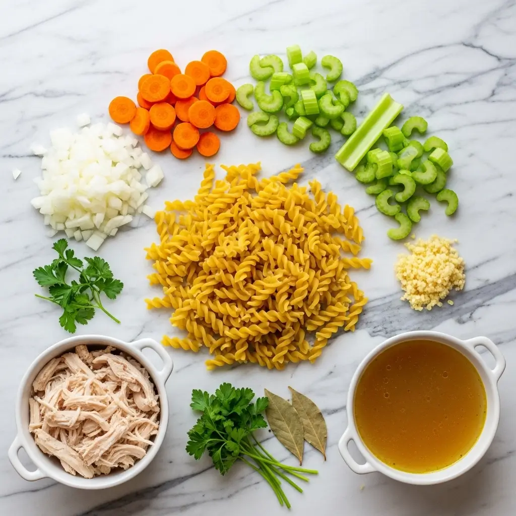 ingredients for classic homemade chicken noodle soup