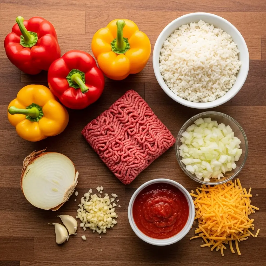 Ingredients for making classic stuffed peppers