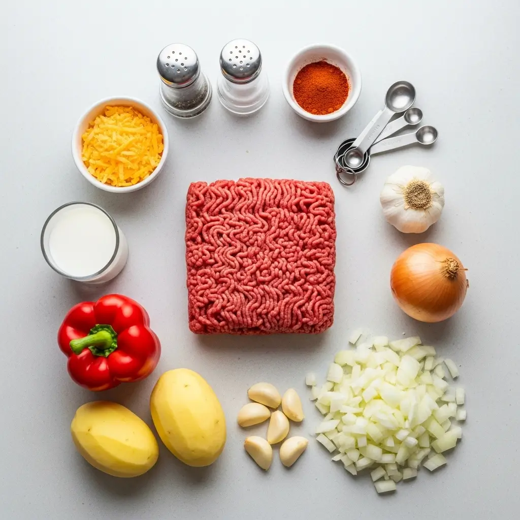 Ingredients for slow cooker cowboy potato casserole