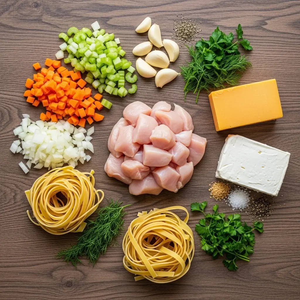 Ingredients for Crack Chicken Noodle Soup laid out on counter