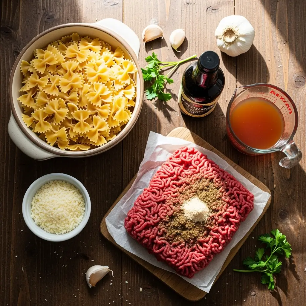 Ingredients for Creamy Parmesan Garlic Beef Bowtie Pasta