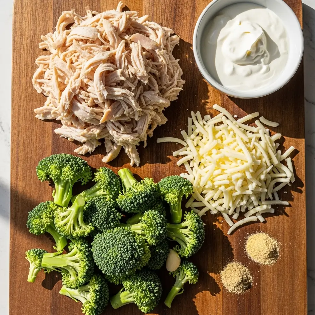 Ingredients for Creamy Keto Chicken Alfredo Broccoli Bake on wooden board