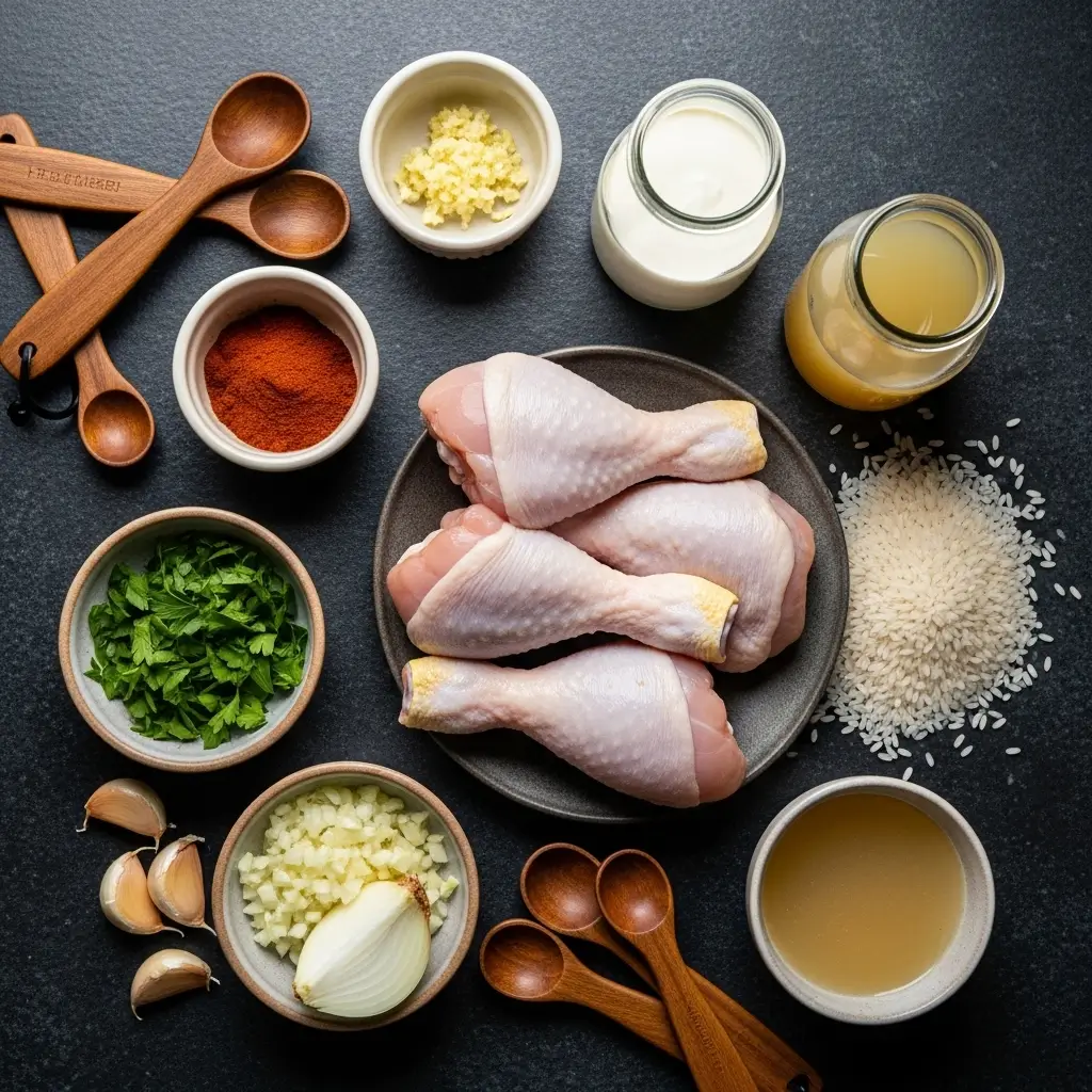 Flat lay of ingredients for creamy paprika chicken drumsticks with rice