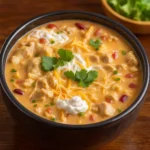 Bowl of Crock Pot Cream Cheese Chicken Chili topped with cheese and green onions