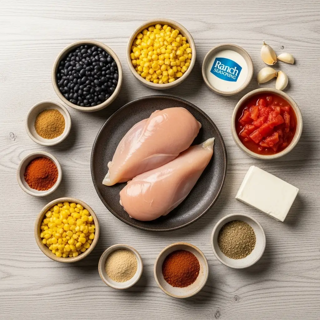 Crock Pot Cream Cheese Chicken Chili ingredients arranged on a kitchen table