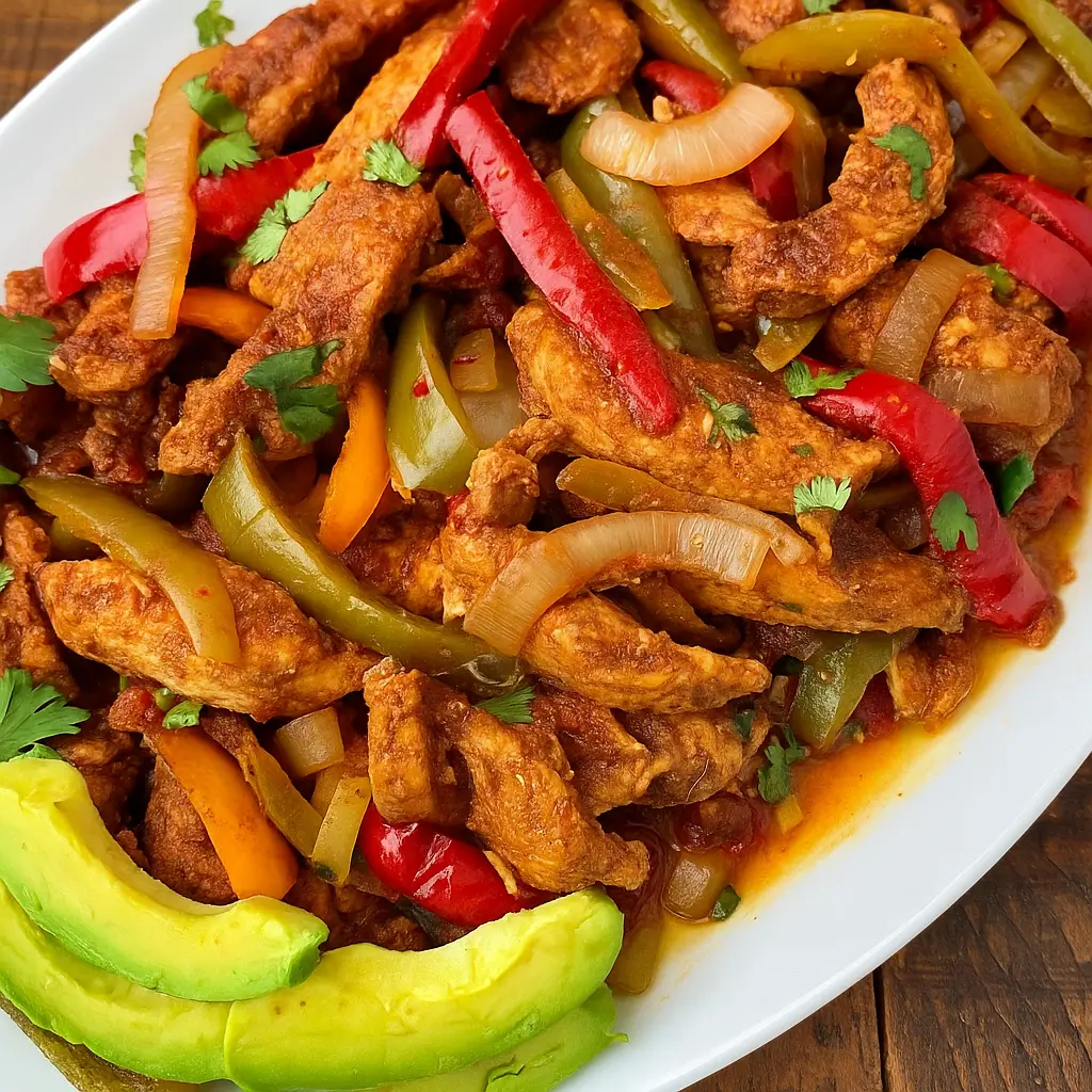 Crockpot Chicken Fajitas with peppers, chicken, and garnishes