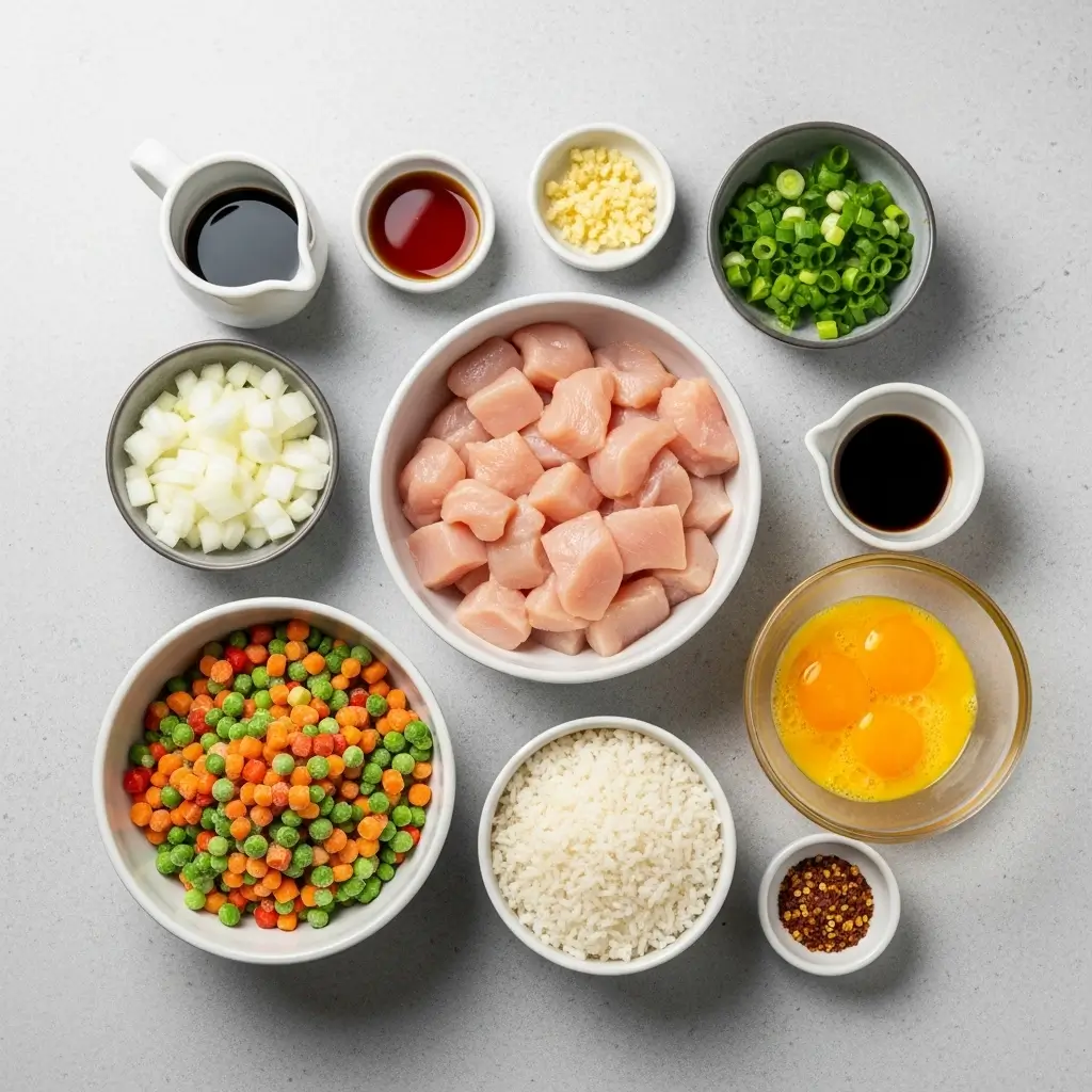 Ingredients for Crockpot Chicken Fried Rice arranged on kitchen counter