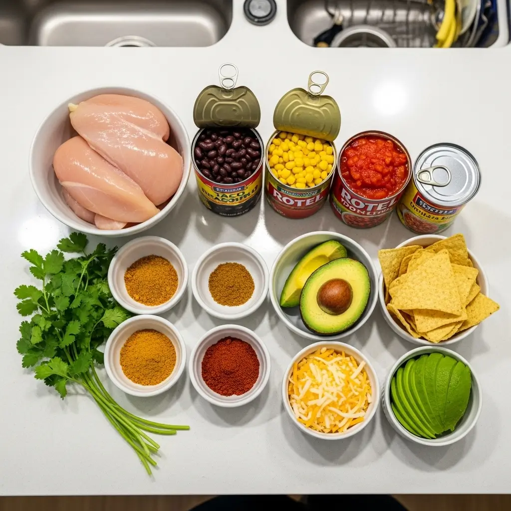 Ingredients for Crockpot Chicken Tortilla Soup on kitchen counter