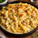 Crockpot Garlic Parmesan Chicken Pasta in ceramic bowl