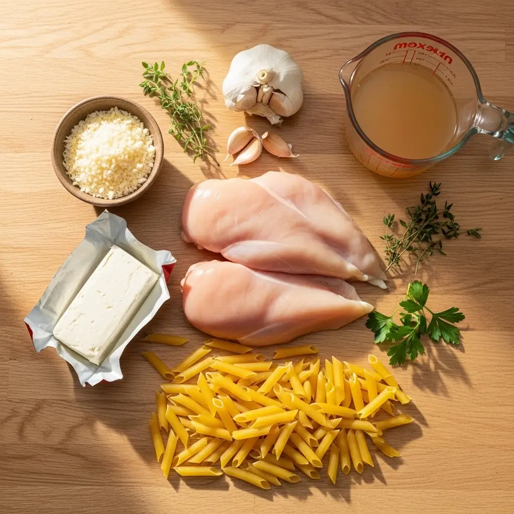 Crockpot Garlic Parmesan Chicken Pasta ingredients on table