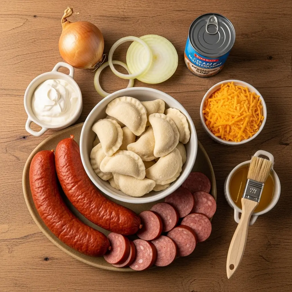 Ingredients for Crockpot Pierogi Casserole with Kielbasa