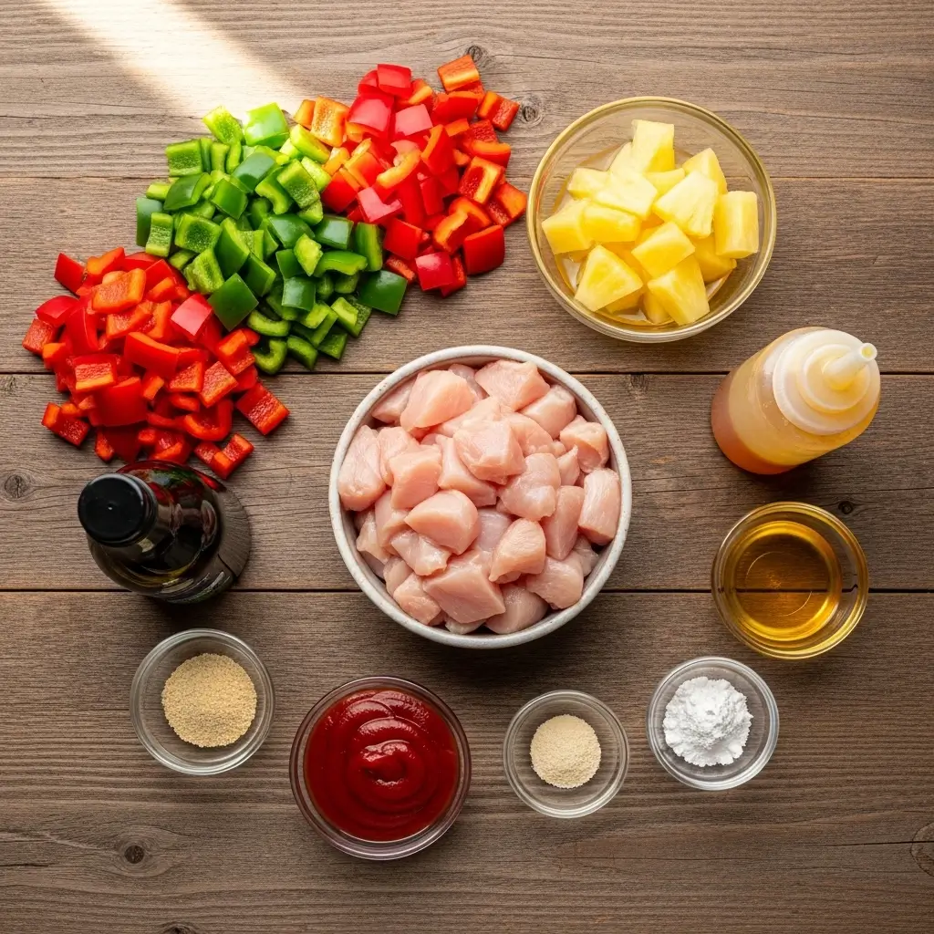 Ingredients for crockpot sweet and sour chicken laid out on a table