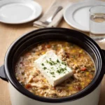 Crockpot White Chicken Chili with toppings in a rustic bowl