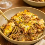 Easy Cheesy Hamburger Potato Casserole served hot